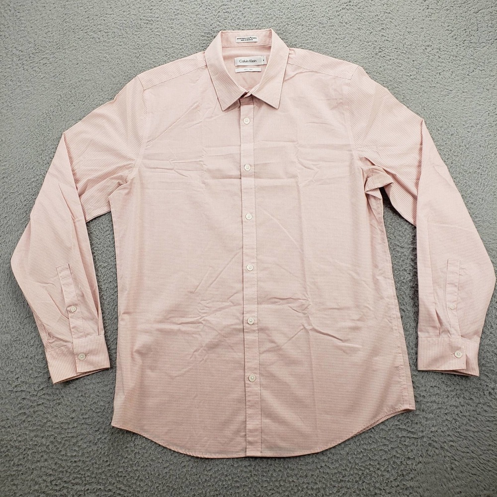 Calvin Klein Shirt Mens Medium Pink White Check Button Up Long Sleeve Classic